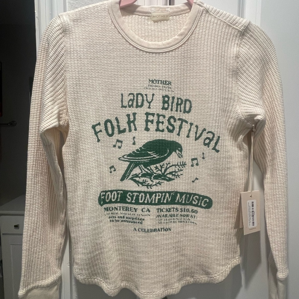 MOTHER Cream Long Sleeve Graphic Thermal Tee with Green Print